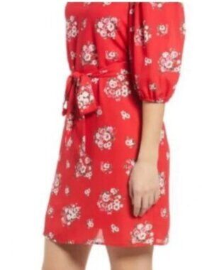 Halogen Women’s Red Floral Print Long Volume Sleeved Dress Size XXL